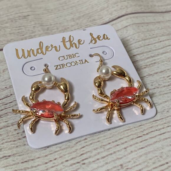 Under The Sea Crab Earrings Cubic Zirconia Faux Pearl Fishhook Style Cancer - Picture 1 of 9